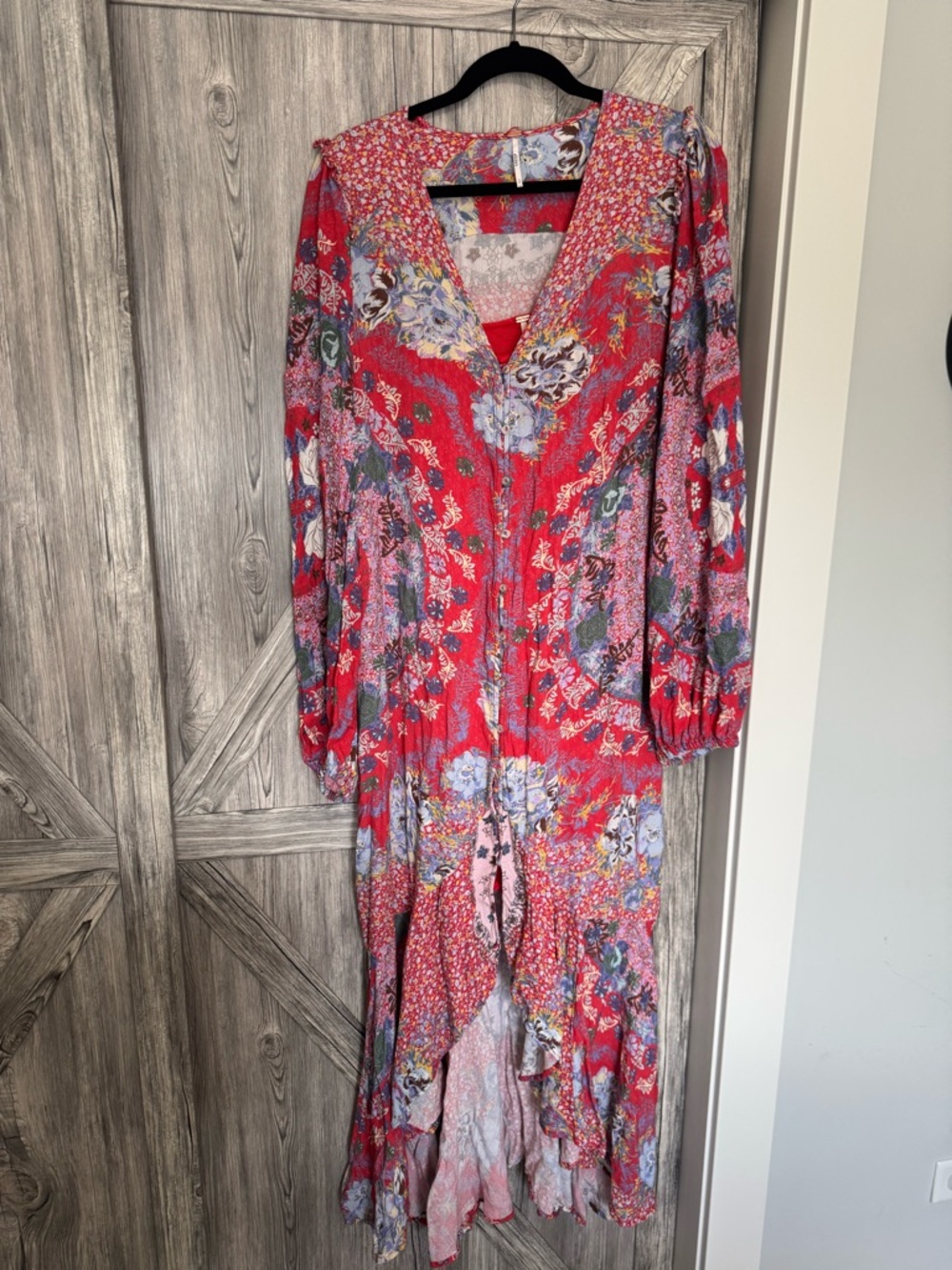 Free People Red and Floral Printed Button-Front Dress